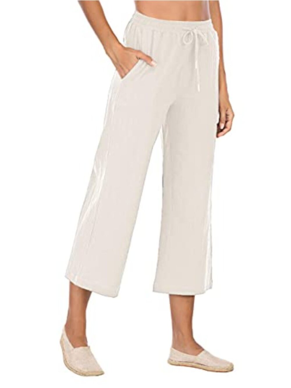 Cotton Linen Wide Leg Cropped Pants Casual Loose Drawstring Trousers with